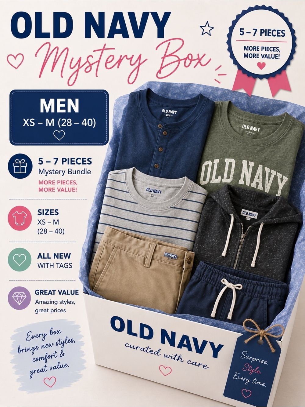 🎁 OLD NAVY Deluxe Mystery Box • 5-7 Pcs • Men’s Sz XS to Medium • NWT Only